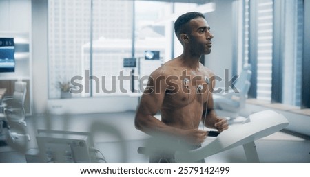 Athlete Performs Treadmill Exercise Test in a High-tech Medical Lab, Monitored by Sensors, Showcasing Advanced Fitness Evaluation and Health Monitoring