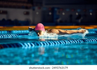 Athlete in pink cap and goggles executes butterfly stroke, his muscular arms cutting through water, creating intense and focused action shot in blue pool. Concept of sport, preparation to competition. - Powered by Shutterstock