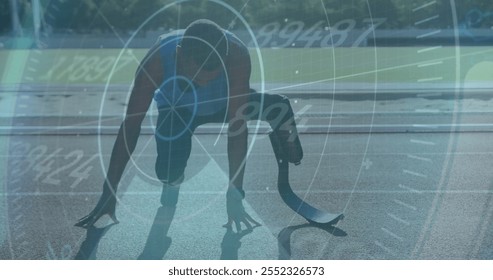 Athlete preparing to run with data processing image over track. Sports, running, performance, technology, fitness, training - Powered by Shutterstock