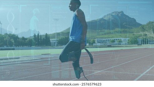 Athlete with prosthetic legs running on track with data analysis image over. Sports, prosthetics, fitness, technology, performance, training
