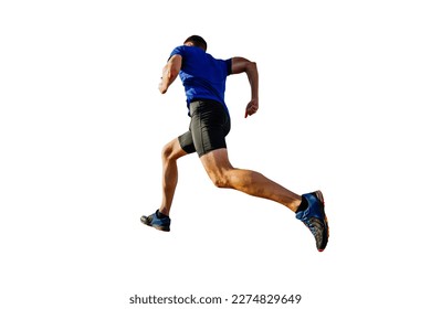 athlete runner in blue shirt and black tights running mountain, cut silhouette on white background, sports photo