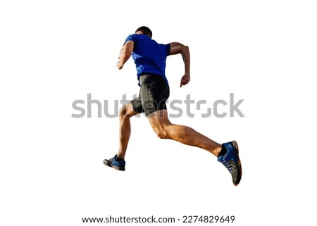 athlete runner in blue shirt and black tights running mountain, cut silhouette on white background, sports photo