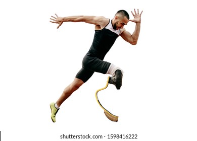 Athlete Runner Disabled Amputee Explosive Start Running. Isolated On White Background