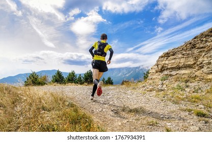 Athlete Runner Run Mountain Trail Marathon In Background Blue Sky 