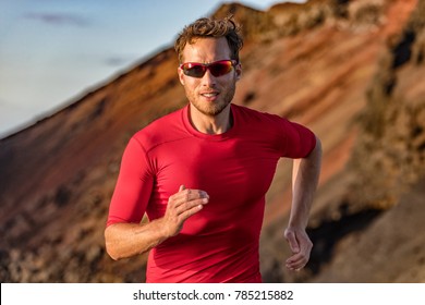 Athlete Runner Trail Running In Mountains Nature. Sport Active Fitness Ultra Trail, Run Marathoner Training Outdoor In Summer Outdoors. Man With Sunglasses.