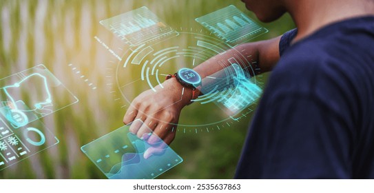 Athlete runner using smartwatch UI assistance technology performance enhancing tracking concept, training fitness sport leisure activity for healthy lifestyle, futuristic holographic ai hologram - Powered by Shutterstock