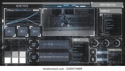 Athlete running with biometric data and performance metrics image over image. Sports, fitness, training, technology, data analysis, biometrics