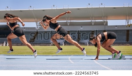 Athlete, running sequence or fitness training, stadium track exercise or workout race for marathon, competition or sports event. Runner, woman or sprinting speed composite in energy, power or arena