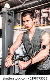 Athlete Sportsman Workout Exercise Muscle Chest With Machine Bodybuilding. Young Fit Muscular Man Close Up Doing Triceps Pull Down Rope Extension Exercise In Modern Fitness Center .