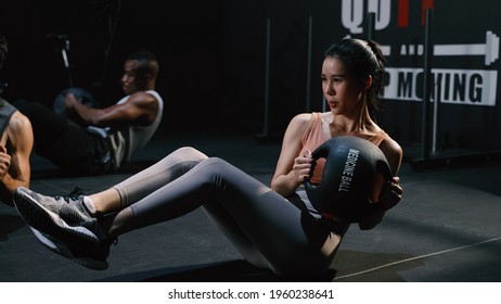 Athlete Sporty Group Cardio Exercise Burning Calorie HIIT In Fitness Gym Fit Body Healthy Lifestyle Athlete Muscle Building Strong Endurance In Health Club.