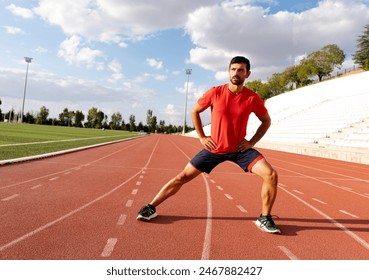 Athlete warming up by stretching before exercise. man doing stretching exercises before exercise - Powered by Shutterstock