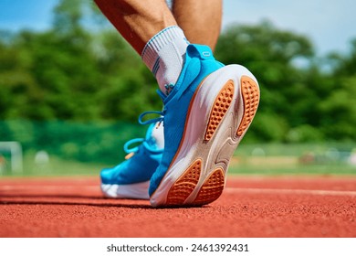 Athlete wearing bright blue running shoes on red stadium track during training. Sportsman legs in sport sneakers at racetrack. Fitness and healthy lifestyle concept - Powered by Shutterstock