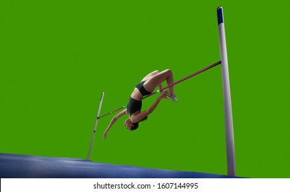 Athlete Woman Doing A High Jump On Green Screen Background.