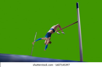 Athlete Woman Doing A High Jump On Green Screen Background.