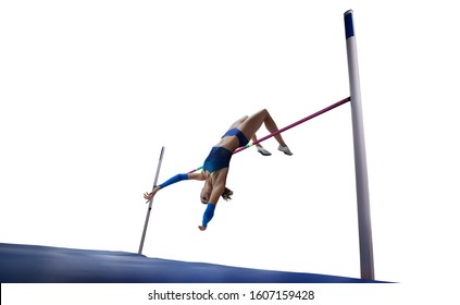 Athlete Woman Doing A High Jump Isolated On White Background.