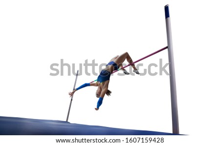 Athlete woman doing a high jump isolated on white background.