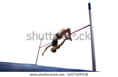 Athlete woman doing a high jump on white background.