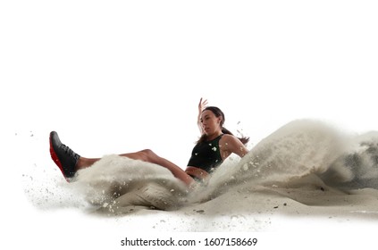 Athlete Woman Doing A Long Jump Isolated On White Background.