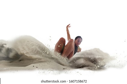 Athlete Woman Doing A Long Jump Isolated On White Background.