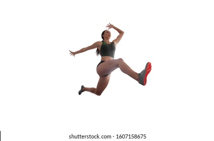 Athlete Woman Doing A Long Jump Isolated On White Background.