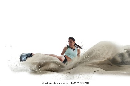 Athlete Woman Doing A Long Jump Isolated On White Background.