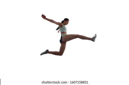 Athlete Woman Doing A Long Jump Isolated On White Background.