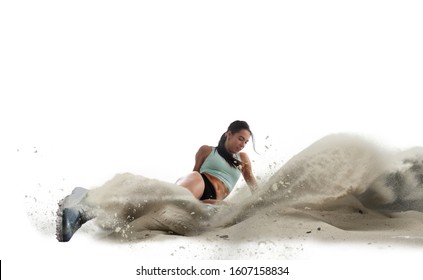 Athlete Woman Doing A Long Jump Isolated On White Background.