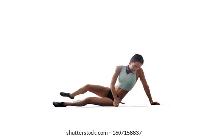 Athlete Woman Doing A Long Jump Isolated On White Background.