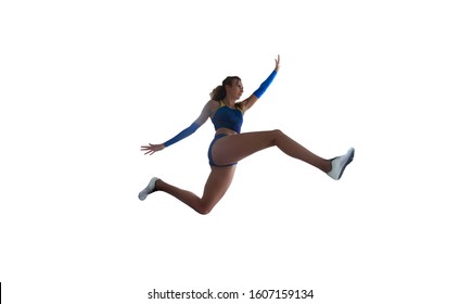 Athlete Woman Doing A Long Jump Isolated On White Background.