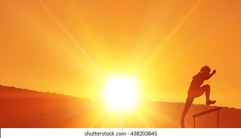 Athlete woman jumping a hurdle against clouds - Powered by Shutterstock