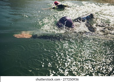 Athletes swimming in a competition. Open water swimming, athletes swimming long distance.