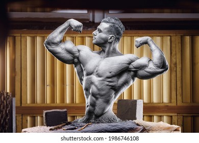 Athletic Bodybuilder Statue On Sculptor's Desk In Workshop Studio. Body Sculpting. Self Made Man. Old Fashion Bodybuilder. Handsome Caucasian Sports Man. Sport And Old School Lifestyle, 80s Concept