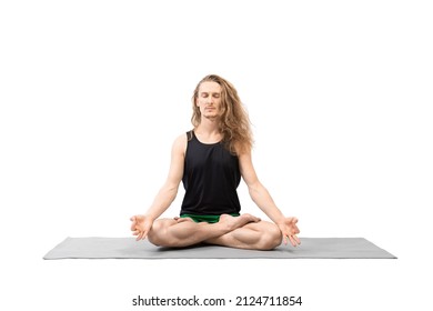 Athletic Caucasian 30s happy man with beautiful blond long hair and closed eyes sitting in Padmasana and practice deep breathing, isolated on white background. - Powered by Shutterstock