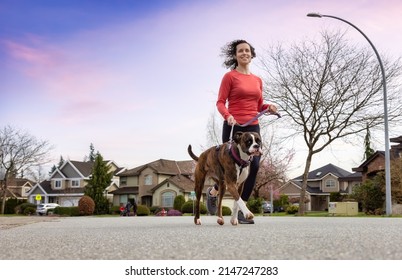 Athletic Caucasian Adult Woman Running Outside With A Boxer Dog. Suburban Neighborhood In A Modern City Of Fraser Heights, Surrey, Vancouver, British Columbia, Canada. Twilight Sky Art Render