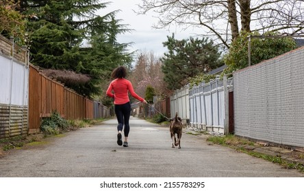 Athletic Caucasian Adult Woman Running Outside With A Boxer Dog. Suburban Neighborhood In A Modern City Of Fraser Heights, Surrey, Vancouver, British Columbia, Canada.