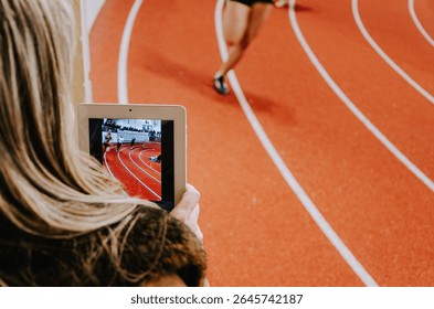 Athletic coach records sprinter’s performance using a tablet during training on the track field