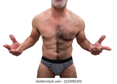 An Athletic Elderly Caucasian Male, Bare Chested, Chest Shaved Down The Middle. Isolated On White Background.