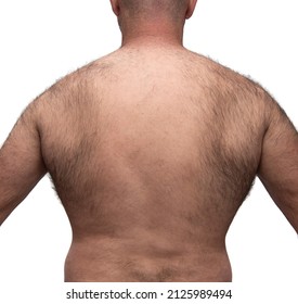 An Athletic Elderly Caucasian Man With A Bare Hairy Back. Isolated On White Background.