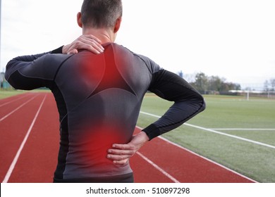 Athletic Fitness Man With Neck And Back Pain. Sports Exercising Injury.