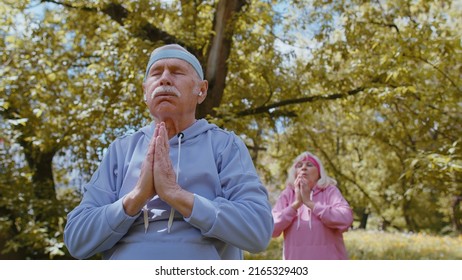 Athletic Fitness Senior Elderly Sport Man Woman Training Cardio Workout Stretching In Summer Park At Morning. Old Grandparents Enjoying Practicing Yoga Healthy Lifestyle. Active Retired Mature People