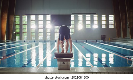 Athletic Male Swimmer Standing On A Starting Block, Ready To Jump Into Swimming Pool. Determined Professional Athlete Training For The Championship. Cinematic Light. Back View Shot