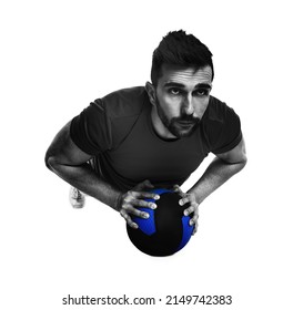 Athletic Man Doing Exercise With Medicine Ball Isolated On White