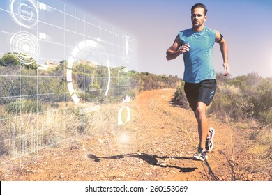 Athletic man jogging on country trail against fitness interface