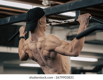 Athletic man performing a pull-up exercise in a gym, showcasing defined back muscles and upper body strength. Shirtless male athlete wearing a black cap while training on a pull-up bar during an inten