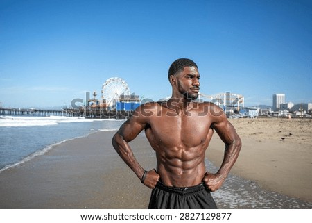 Athletic man posing confidently on a sunny beach with a pier and Ferris wheel in the background, showcasing a fit physique.