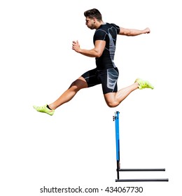 Athletic Man Practicing Show Jumping In A White Background