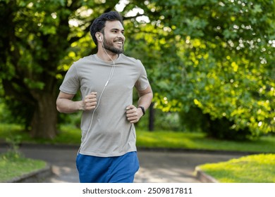 Athletic man running in park with earphones, enjoying outdoor fitness and healthy lifestyle. Captures energy, positivity, and self-care during active morning workout routine surrounded by greenery. - Powered by Shutterstock