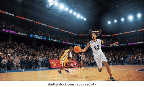 Athletic Multiethnic Player Running To Score Slam Dunk Goal in Front of a Crowded Arena. College Basketball Tournament Cinematic Shot with Two Young Teams Playing a Championship Match - Powered by Shutterstock