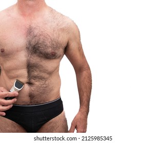 An Athletic Older Caucasian Man, Bare Chested Hairy, Holding A Razor In His Hand, Half Shaved Chest. Isolated On White Background.