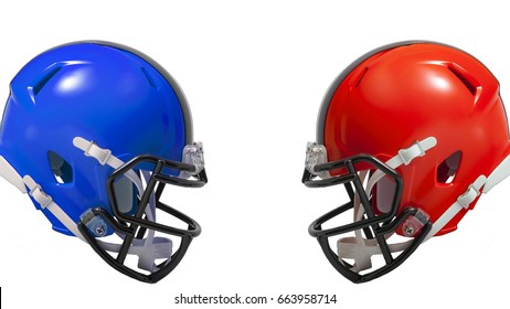 Athletic Rivalry, Sports Encounter Or Red Vs Blue Concept With Two American Football Helmets Facing Each Other In Conflict, The Red Helmet Versus The Blue Helmet With Copy Space